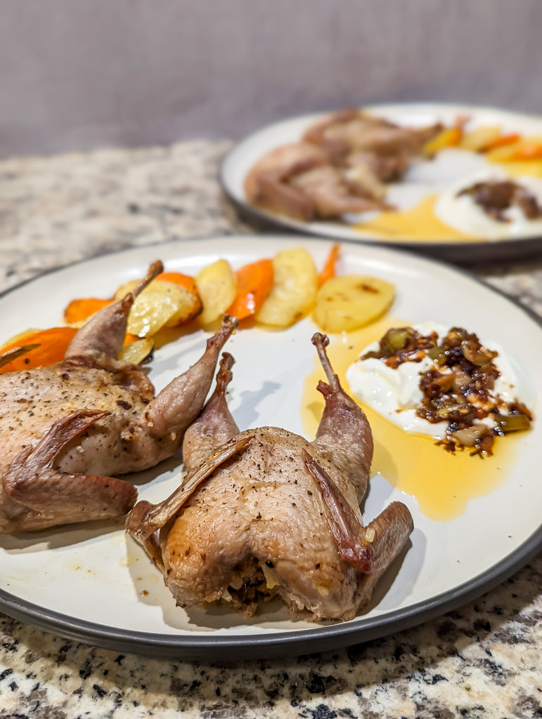 Recipe: Kimchi Apricot Stuffed + Roasted Quail