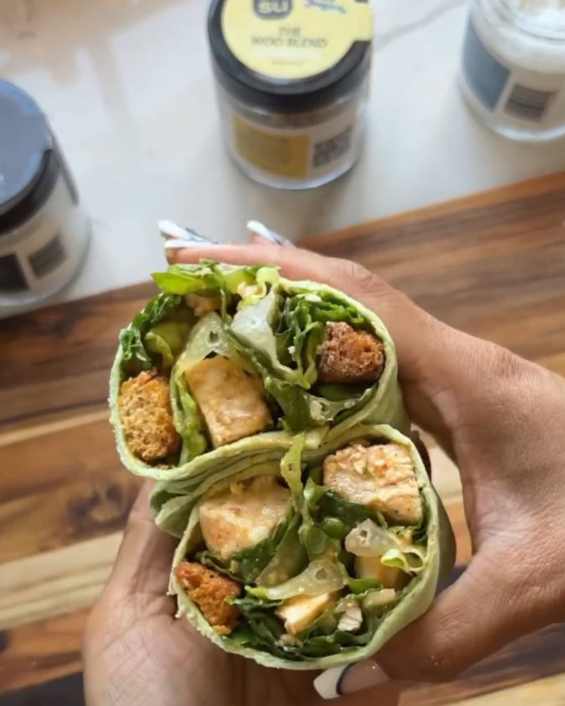 Josu x Sulheejessica: Asian-Style Buffalo Chicken Caesar Salad Wrap